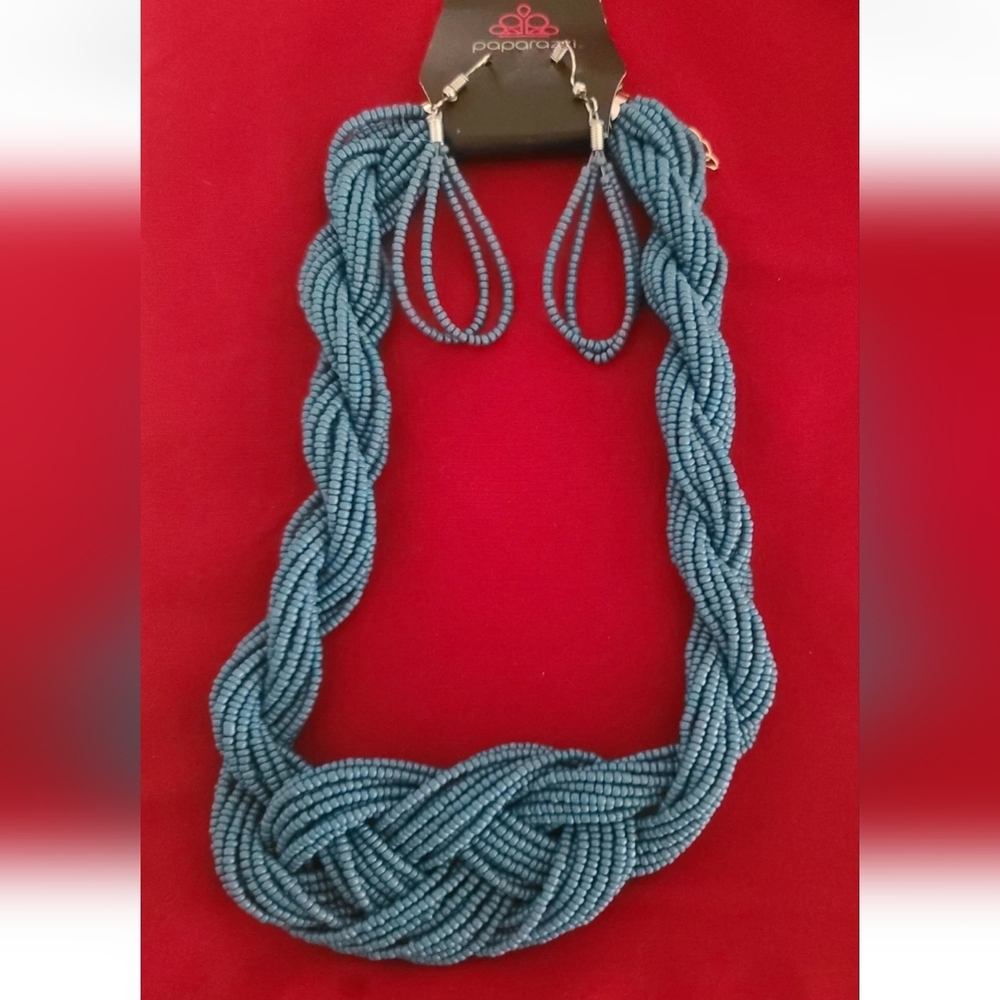 Standing Ovation Braided Teal-Blue Seed Bead Necklace Set